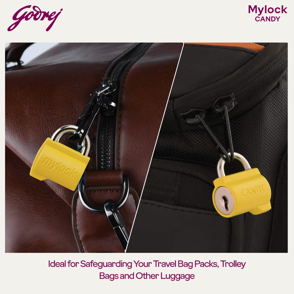Godrej MyLock Candy Turmeric Yellow Pack of 4 | Common Keys | Self-Locking Padlock | Rust Resistant | ABS Body | Travel Lock | CPU & Bag Lock | Tamper-Proof | 1 Year Warranty